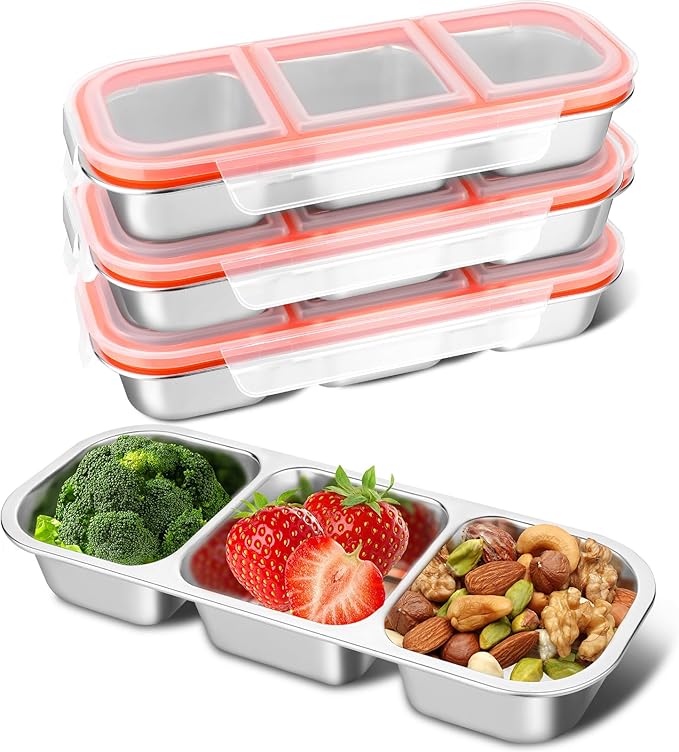 4 Pack Stainless Steel Snack Containers, 3 Compartment Metal Snack Container with Lids, Stackable Leak Proof Lunch Box for Home, Camping, Office,Work(3 Grid Lunch Box)