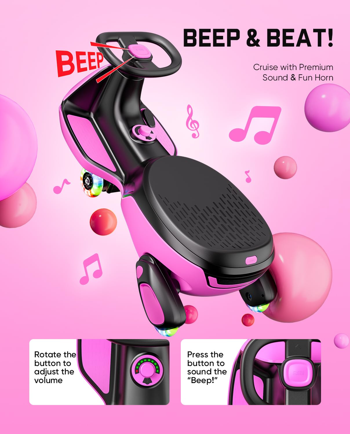 FanttikRide N10 Classic Electric Wiggle Car with Pedal, Type-C Rechargeable Battery, One-Click Detachable Mop, GlideWiz, Anti-Rollover, Flashing Wheels, Bluetooth, Ages 3+, 150 Lbs, Pink