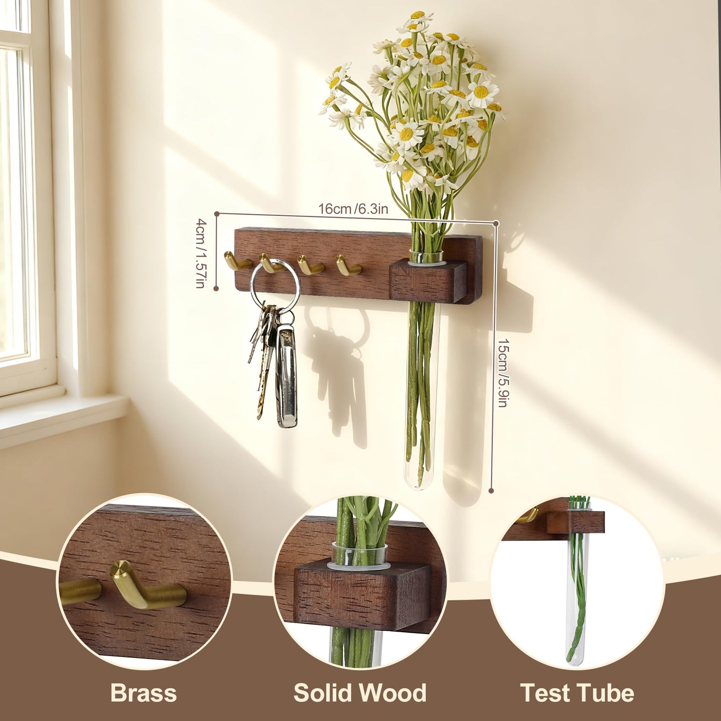 LEIRUOTM Key Holder Wall Mount, Solid Wood Key Holder for Wall with Planter Tube & 4 Brass Hooks, Decorative Renter-Friendly Wall Key Rack Hanger for Entryway Kitchen Living Room Car Keys