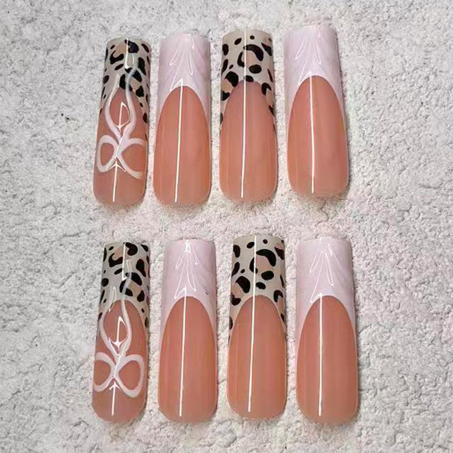 Jremg Leopard Print French Tip Press on Nails Long Square Fake Nails with Designs Glossy 3D White French Coffin False Nails Cute White Bow Glue on Nails Reusable Acrylic Stick on Nails for Women 24Pcs