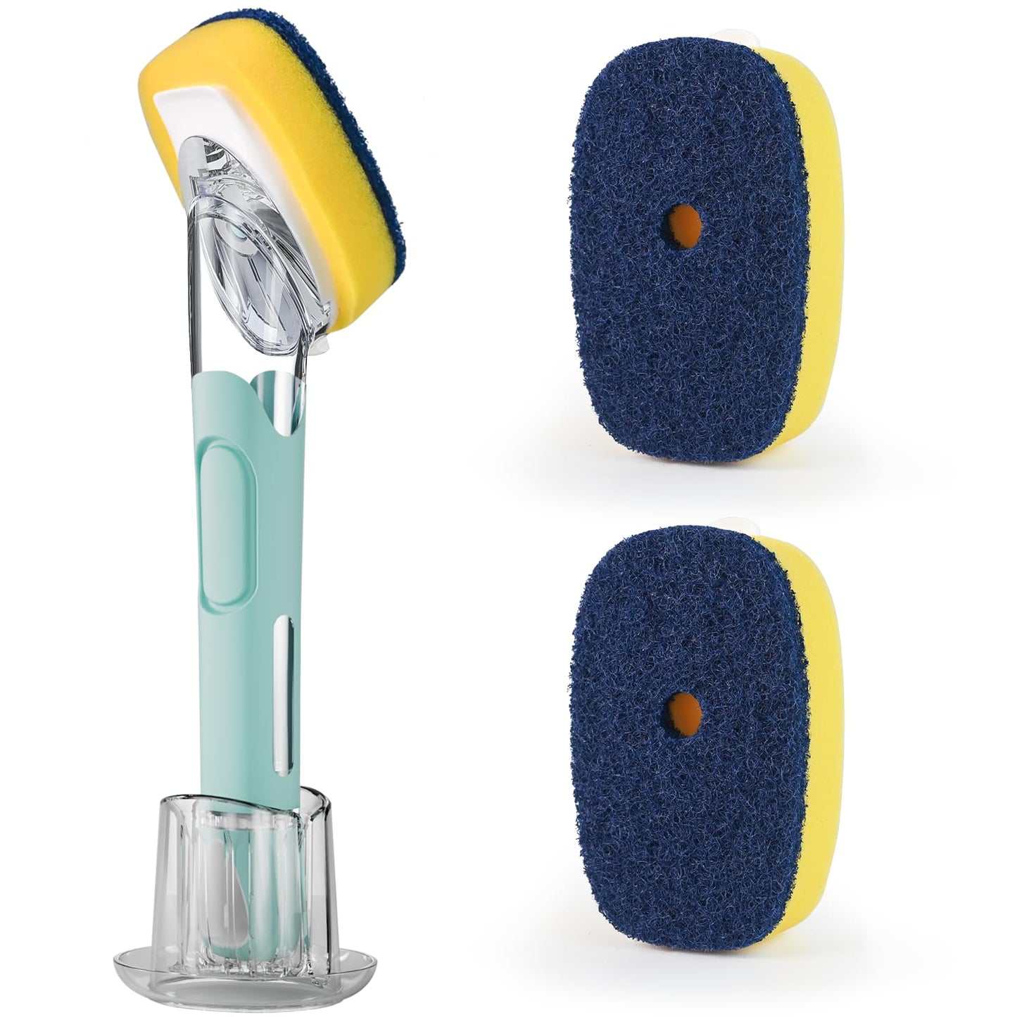 Dish Brush with Soap Dispenser Storage Set with 2 PCS Sponge Refills & Holder, Soap Dispensing Dish Brushes, Sponge with Soap Dispenser Handle, Dish Sponges with Handle for Dishes Pans Pots Sink