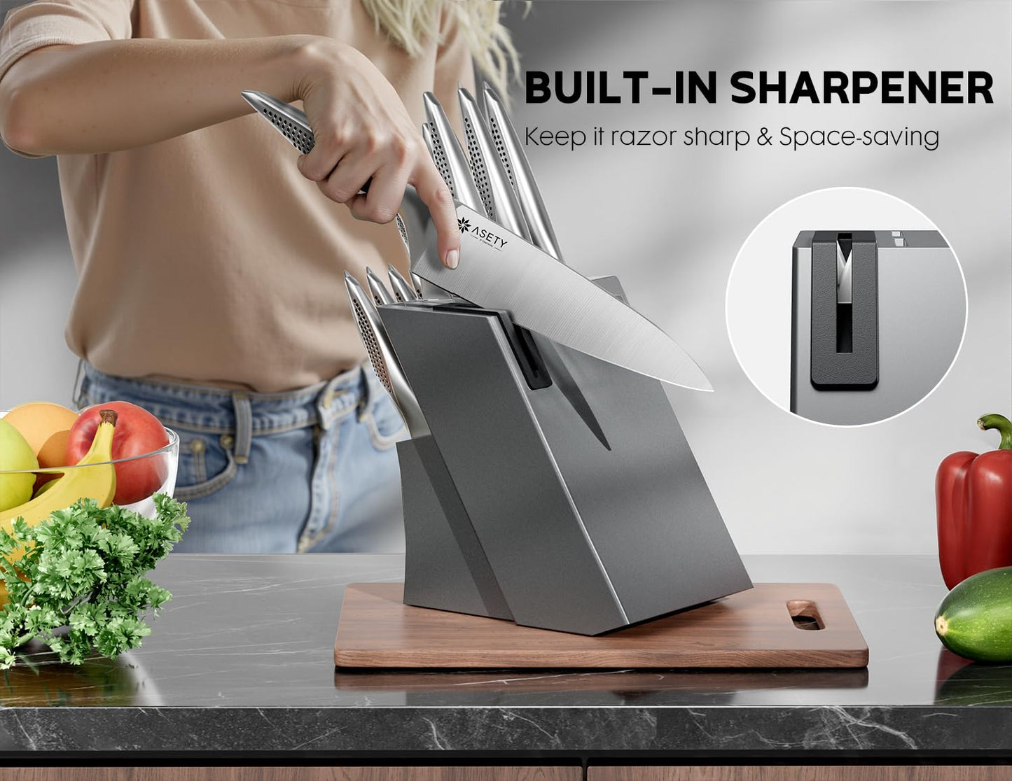 ASETY Knife Set - Ultra Sharp Knives Set for Kitchen with block, 15 PCS Stainless Steel Knife Set with Built-in Sharpener, Ergonomic Non-Slip Handle, Elegant Box for Men Women, Mothers Day