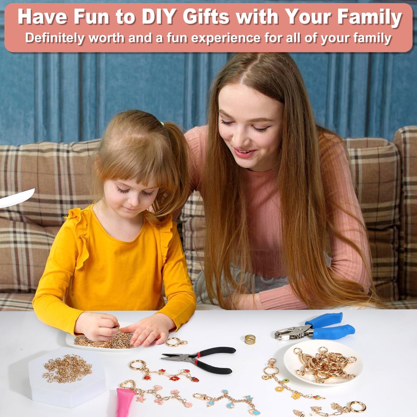 485 Pcs Charms Lip Gloss Keychain Making Kit, DIY Bag Charm Kit Including 40 Key Chain Hooks 30 Extender Chains 212 Gold Charms & Letter 200 Jump Rings 1 Plier and 1 Puncher for Craft Supplies