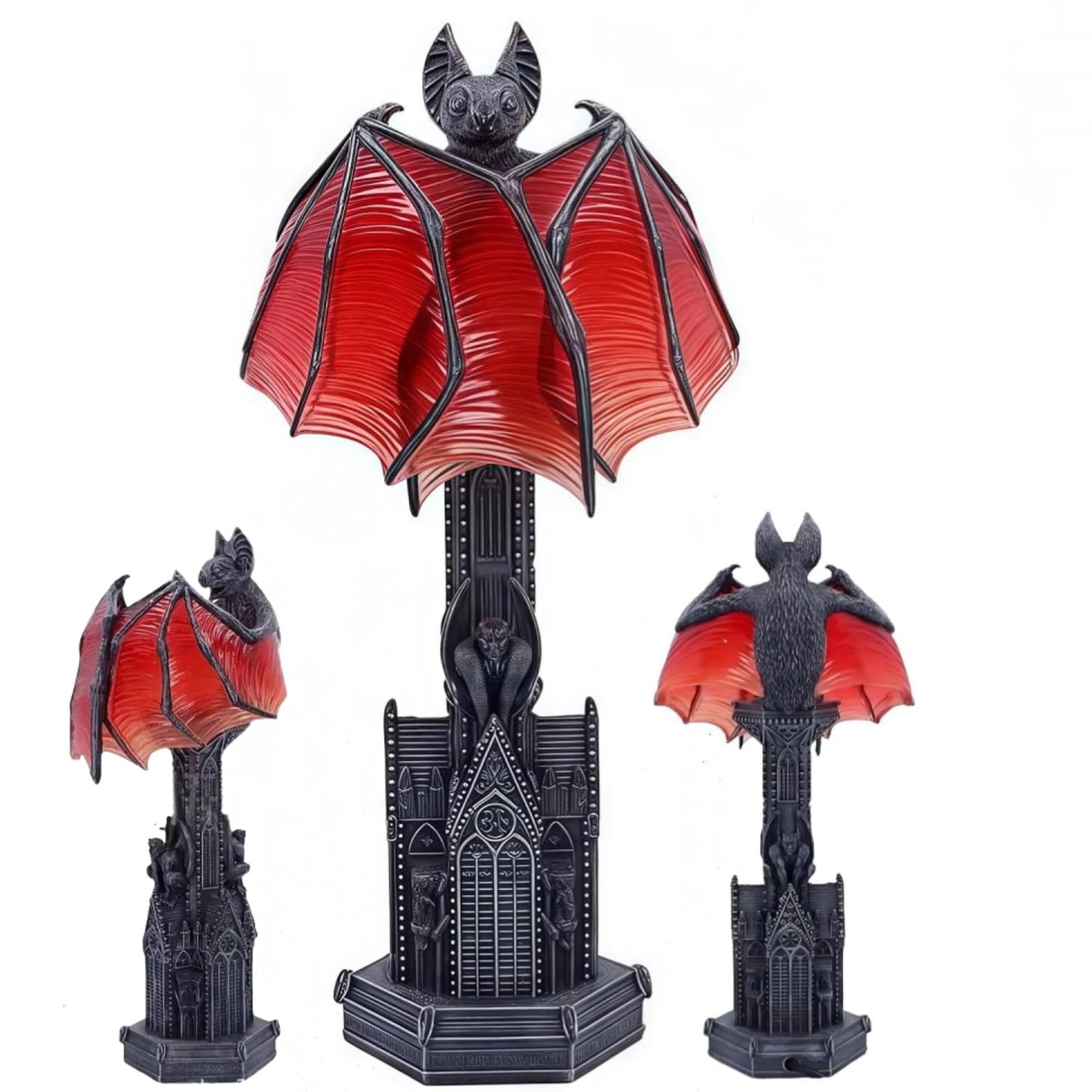 Gothic Wings of Night Halloween Lamp, Gothic Wings of Night Halloween Light with Red Glow, Handcrafted Resin, Cathedral Base Vampire Table Lamp for Spooky Horror Room or Witchy Nights Setting