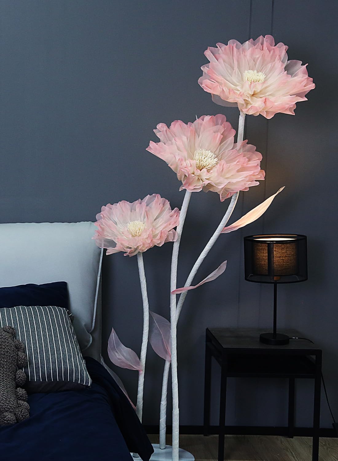 KEY SPRING Giant Artificial Organza Flower On Base – Large Pink Faux Flower with Standing Stems and Base for Wedding, Valentine's Day, Party, Shop Window Display, Outdoor Yard Event Backdrop Decor