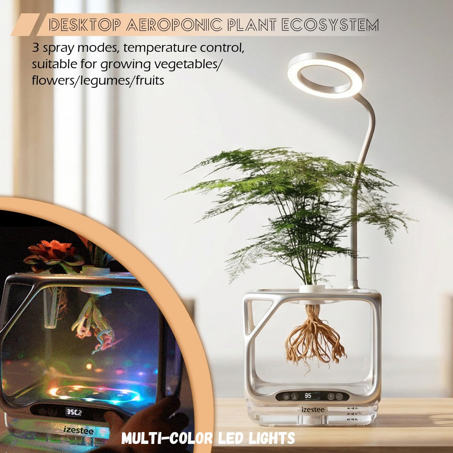 Misting Hydroponic Growing System Kit, Smart Aeroponics Indoor Herb Gardening Planter Root View,Air Humidifier&Auto Light-3 Mist Modes,Temperature Control for Growing Vegetables/Flowers/Pods/Fruits