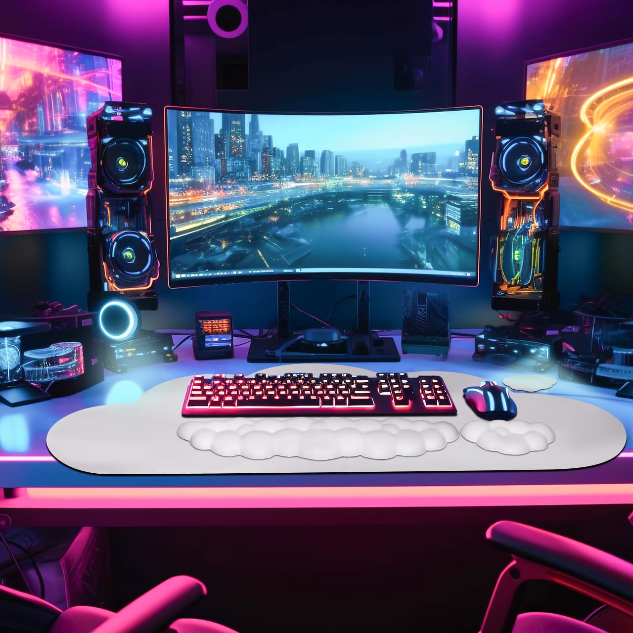 JIKIOU Large Cloud Mouse Pad Waterproof with Cloud Keyboard Wrist Pad and Cloud Mouse Wrist Pad Set, Ergonomic Computer Desk Wrist Support Mousepad for Keyboard and Mouse White