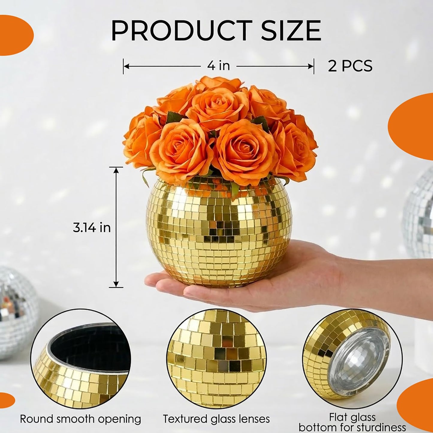 SILFGRLF 2 PCS Disco Ball Pencil Holder for Desk - Cute Office Decor & Makeup Brush Organizer, 4 Inch Sparkly Glass Pen Cup, Fun Desk Accessories for Women (GOLD)