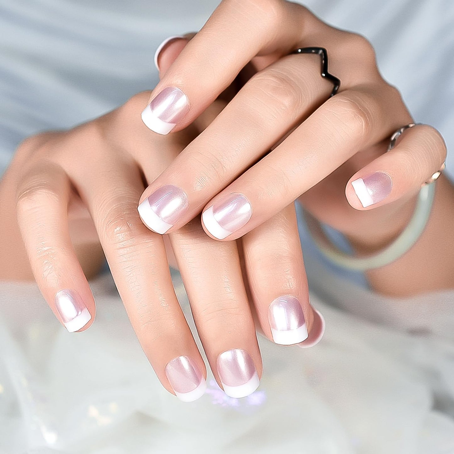 iMABC False Nails Short French Fake Nail Kit Set Thin Gel Acrylic Press On Nail Tips Full Cover Rose White Finger Art Tips for Women and Girls