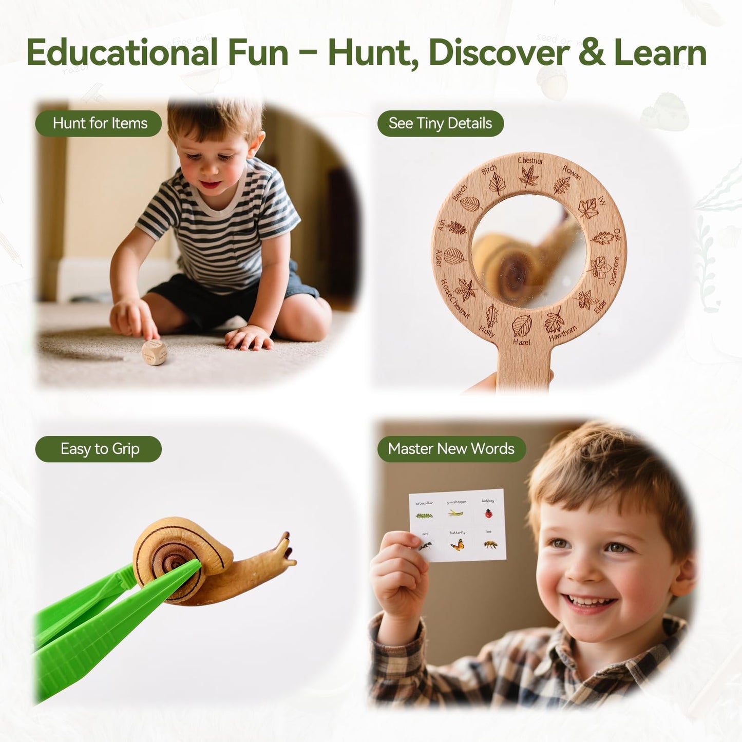 WOODEN TEETHER Kids Scavenger Hunt Play Set, 15pcs Treasure Hunt Kit with Binoculars, 10 Double-Sided Cards & Storage Box Indoor/Outdoor Exploration for Home, Backyard, Park