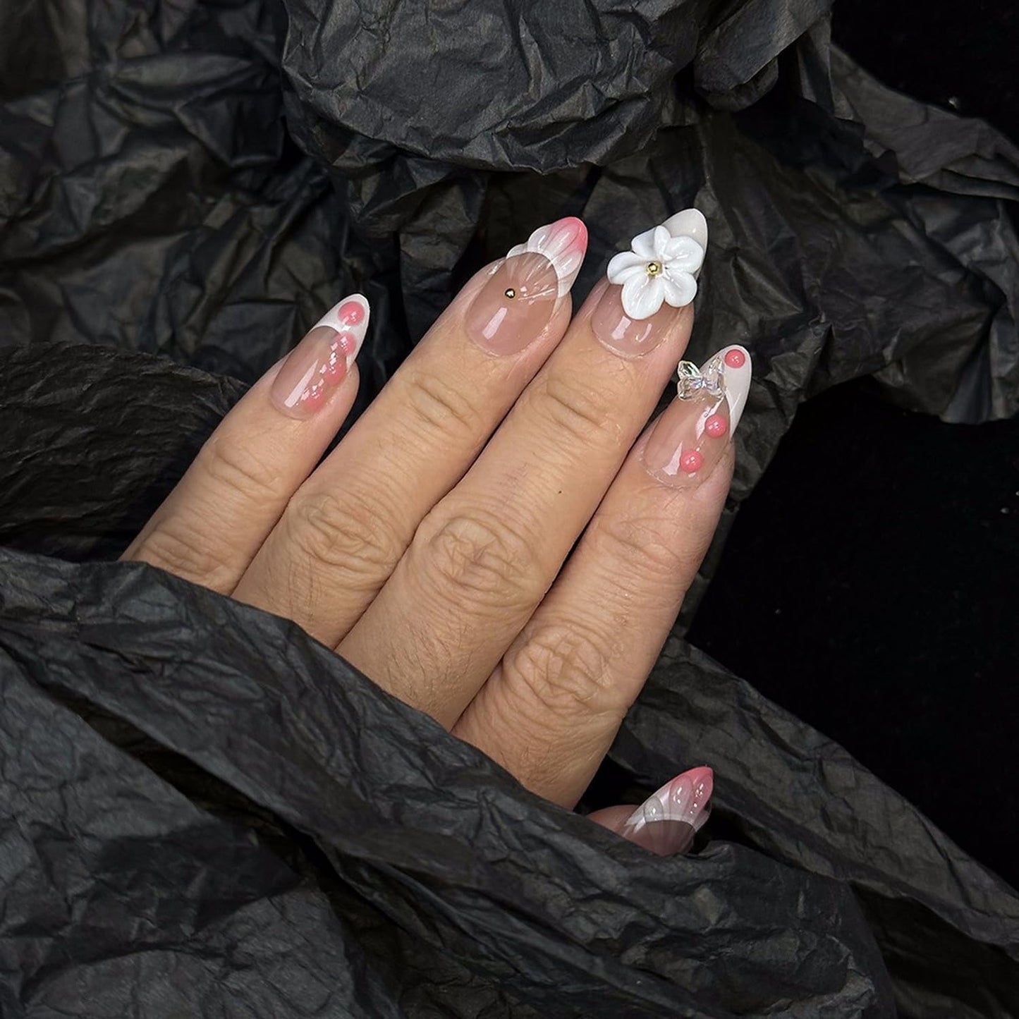 Flower Press on Nails Medium Almond Handmade Fake Nails Pink White Gradient French Tip Acrylic Nails Thick and Muti-Layer Gel False Nails 3D Floral Butterfly Design Nails DIY Art for Women (Size M)