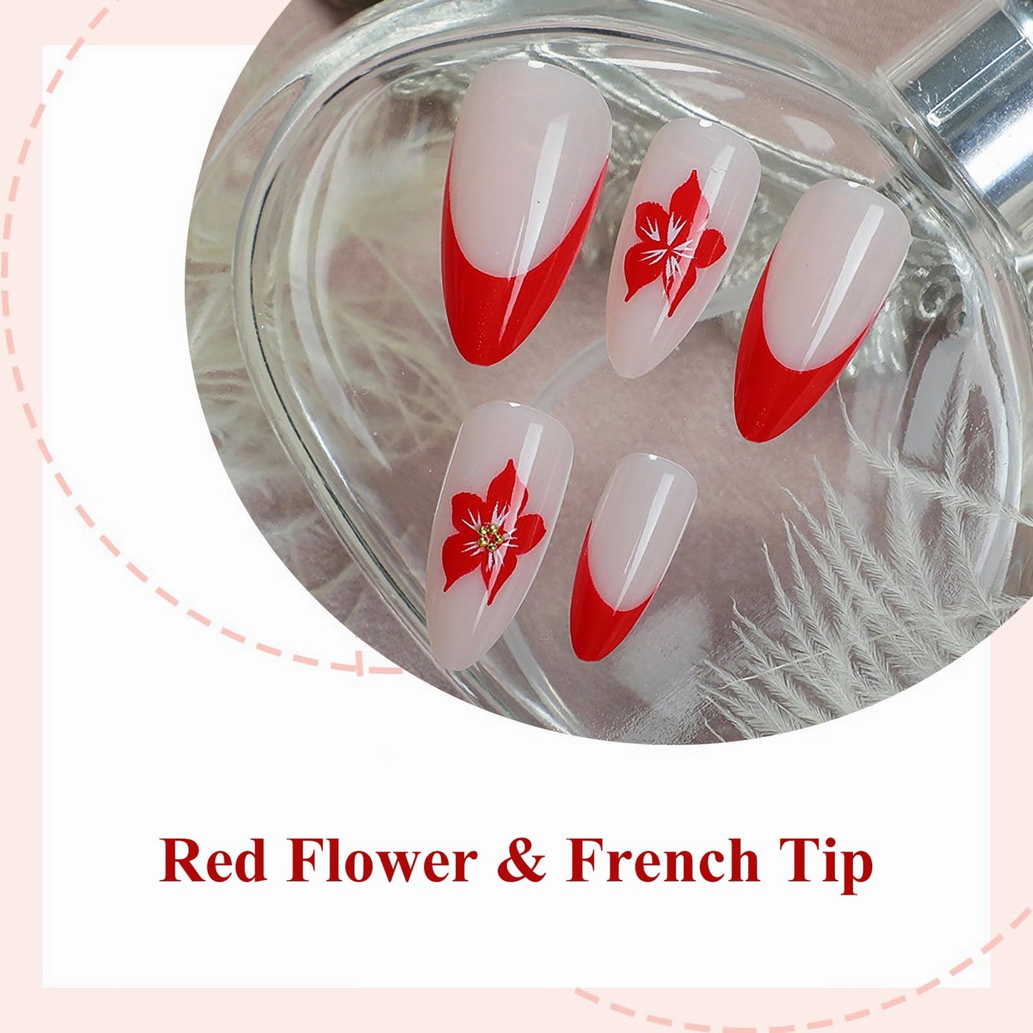 MISUD Press on Nails - Medium Almond Glue on Nails with Red French Tip, Acrylic Flower Design 24 pcs