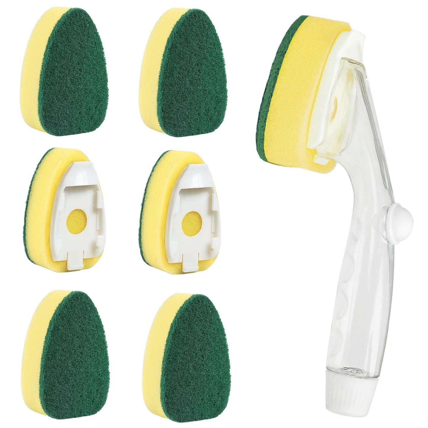 Clioran Dishwand Refills Sponges Heads with Soap Control Handle, 6 Non-Scratch Replacement Sponge Head for Dish Wand,Leak-Proof Handle,Universal Compatible Soap Dispensing Brush for Kitchen,Dishwasher