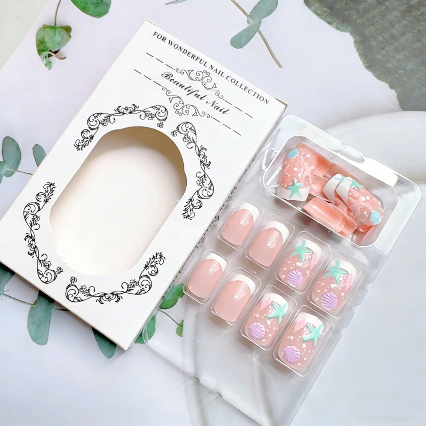 French Tip Press on Nails Summer Fake Nails Spring Medium Square False Nails with Shell Conch Starfish Bubbles Design Sea Beach Artificial Nails Full Cover Glossy Stick on Nails for Women Manicure