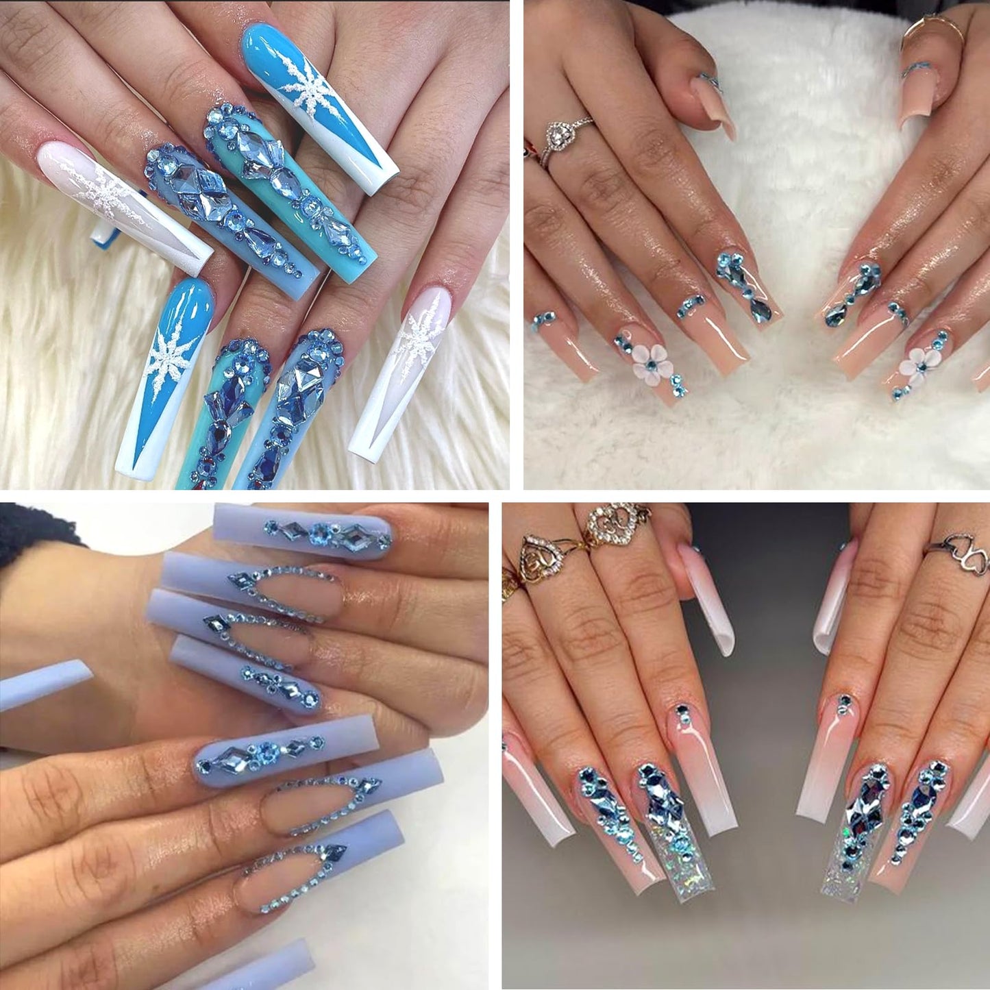 DZHILHMX Nail Rhinestones - 3D Multi Shape Size, Flat Back, Crystals Manicure Rhinestones Charms, Light Blue Nail Gems, with Kit, for Nail Art, Bedazzling Acrylic Nails, DIY Decor