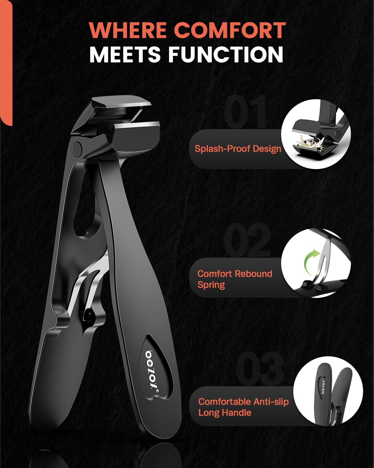 BEZOX Angled Head Toe Nail Clippers for Thick Nails – Straight Blade Toenails Clipper for Seniors, Ergonomic Nail Cutters with Catcher, Heavy-Duty Nail Trimmer - Black