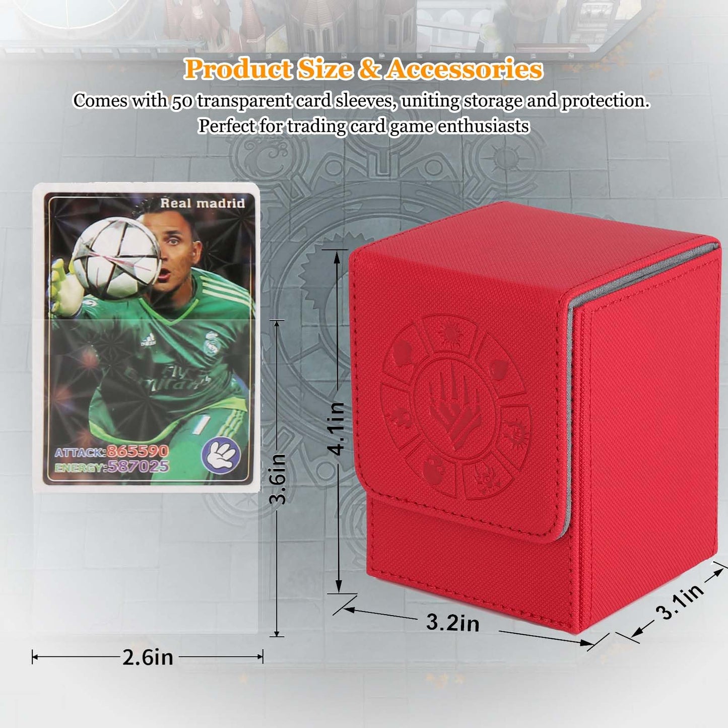Arkeiliy Card Deck Box, 110+ Storage MTG Deck Box with 50 Pcs Card Sleeve, Collectible Trading Card Cases for Magic Commander and More (Red)