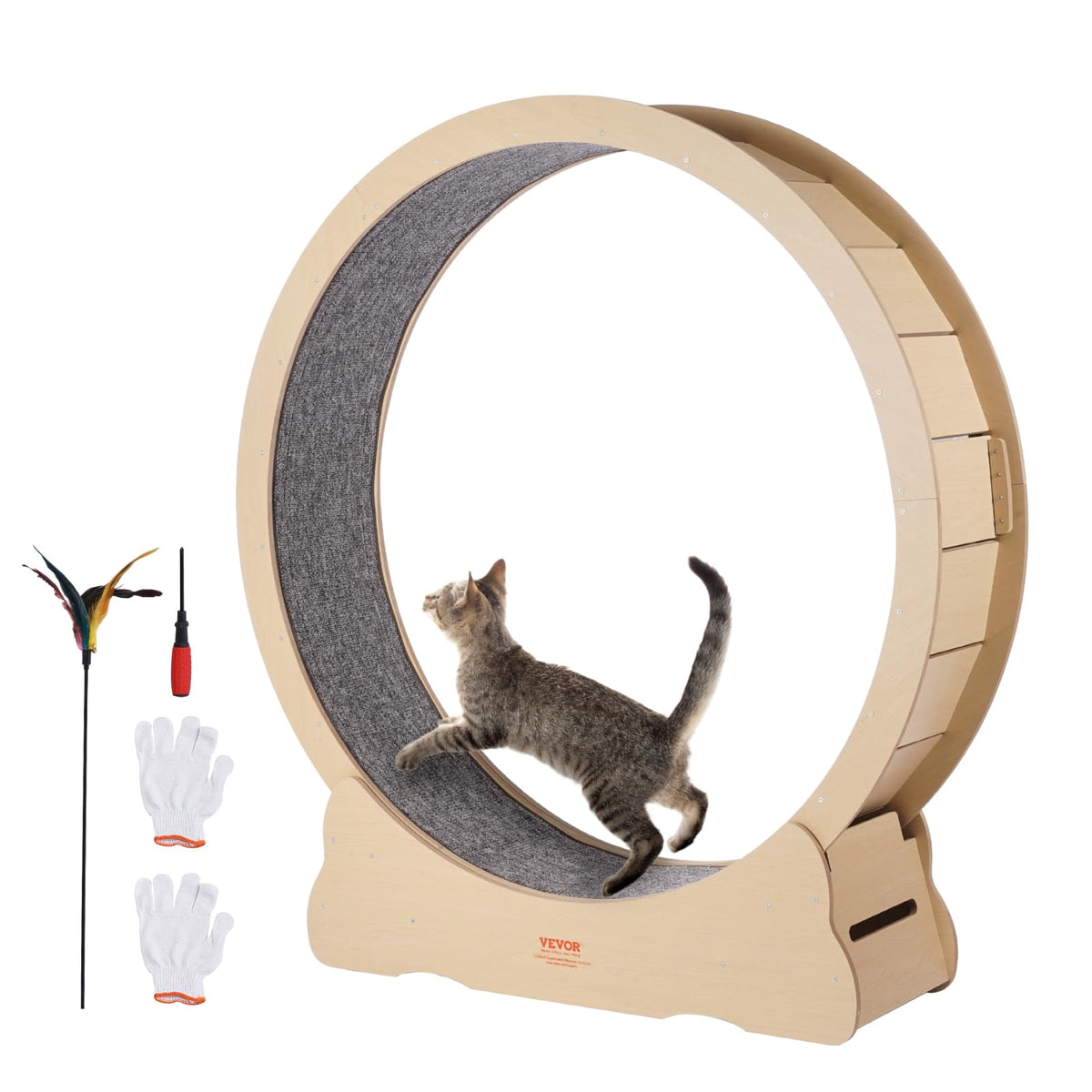 VEVOR Wooden Cat Exercise Wheel, 43.3" Large Cat Treadmill Wheel for Indoor Cats, Cat Running Wheel with Detachable Carpet & Cat Teaser for Running/Walking/Training, Suitable for Most Cats Black