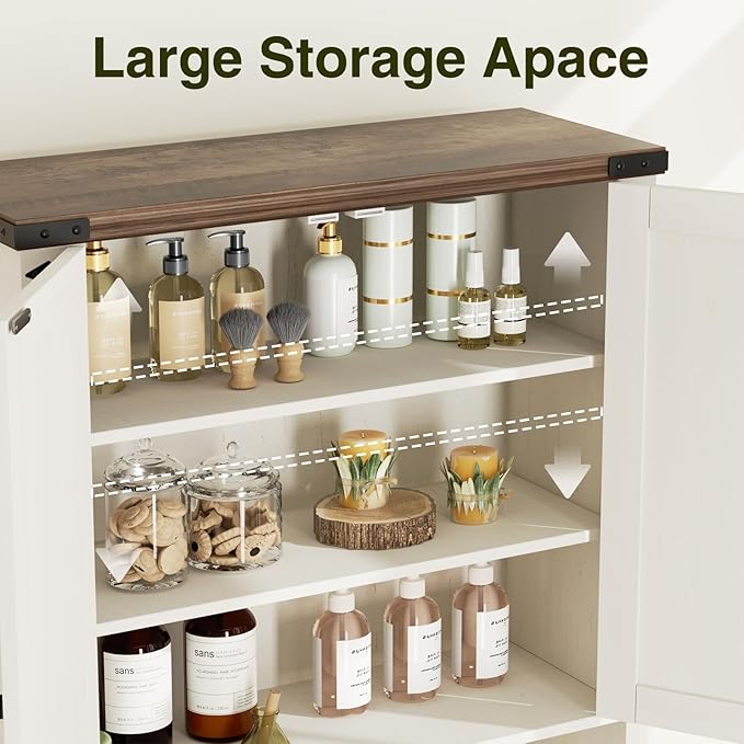Over The Toilet Storage Cabinet with Farmhouse Doors and Adjustable Shelf, Tall Bathroom Organizer with Metal Stand Space Saver Over Toilet , Wood Rack for Bathroom, Restroom, Laundry, White