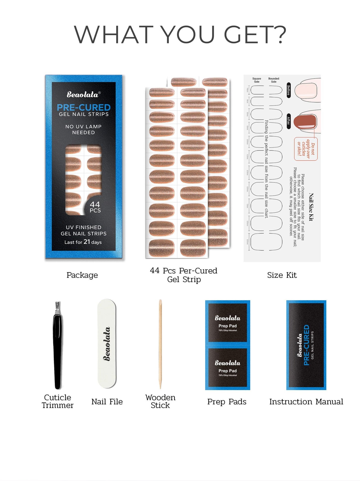 Beaolata Real Gel Nail Strips (No UV Light Needed) - 44Pcs Salon Quality Nail Stickers - Long Lasting Polish Wraps for Women, Easy Apply & Remove (Pink Gold Shimmer)