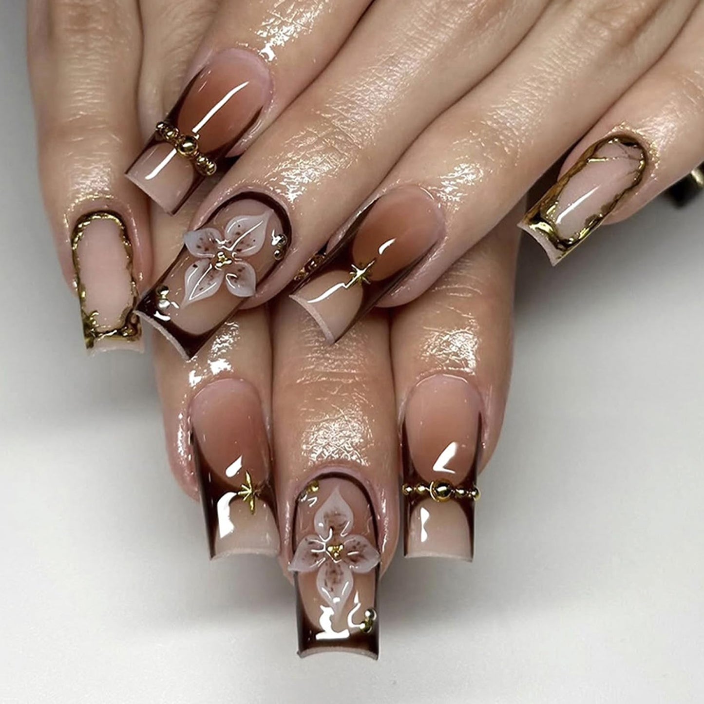 IMRAIN Press on Nails Long Square Fake Nails Brown Ombre False Nails Glossy Acrylic Stick on Nails for Women