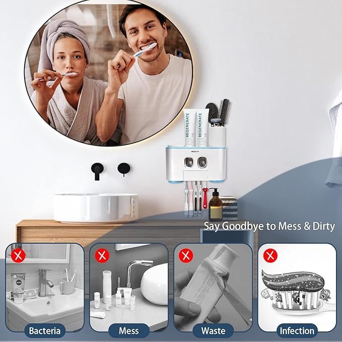 Toothbrush Holder Wall Mounted, WEKITY Multi-Functional Toothbrush and Toothpaste Dispenser for Bathroom, with 5 Toothbrush Slots, 2 Toothpaste Squeezers and 4 Cups(Blue)