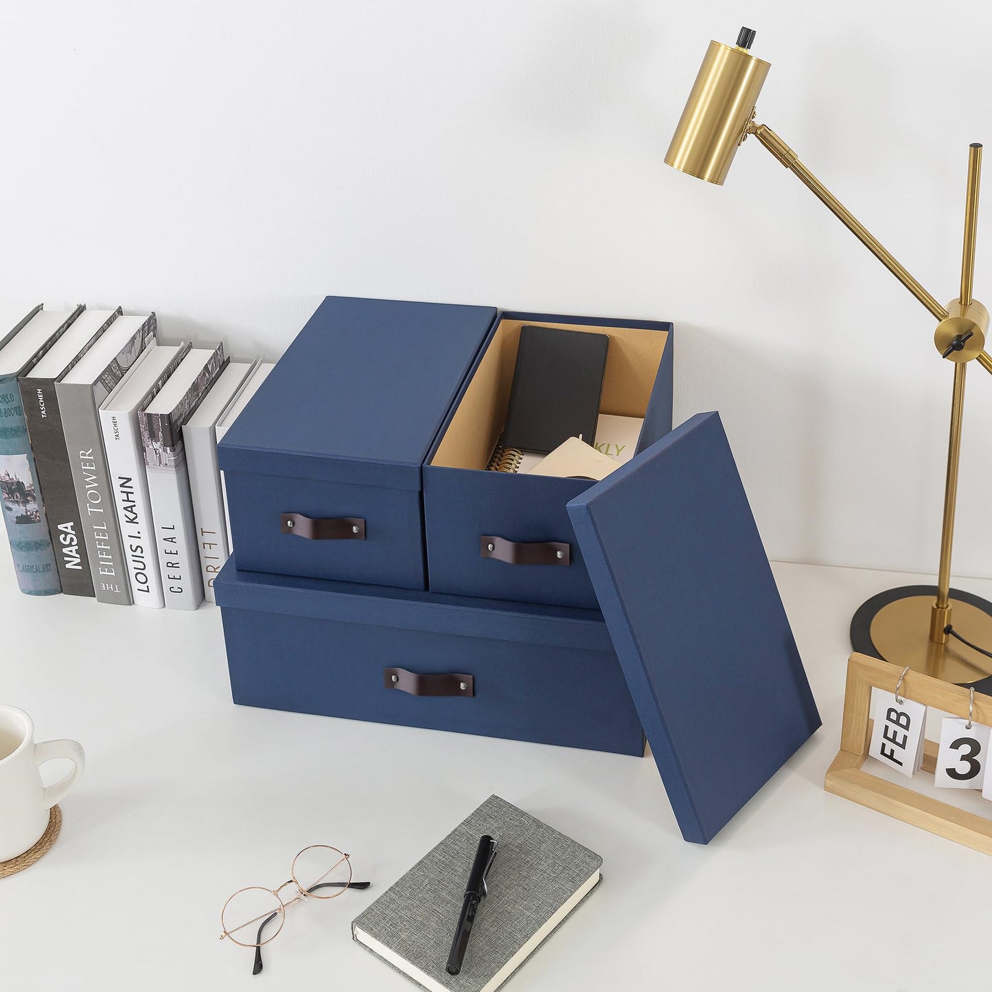 Soul & Lane Decorative Storage Boxes with Lids - Set of 3 (One Large and Two Medium), Sturdy Cardboard Organizers for Photos, Versatile Boxes with Handles for Office & Home, Navy
