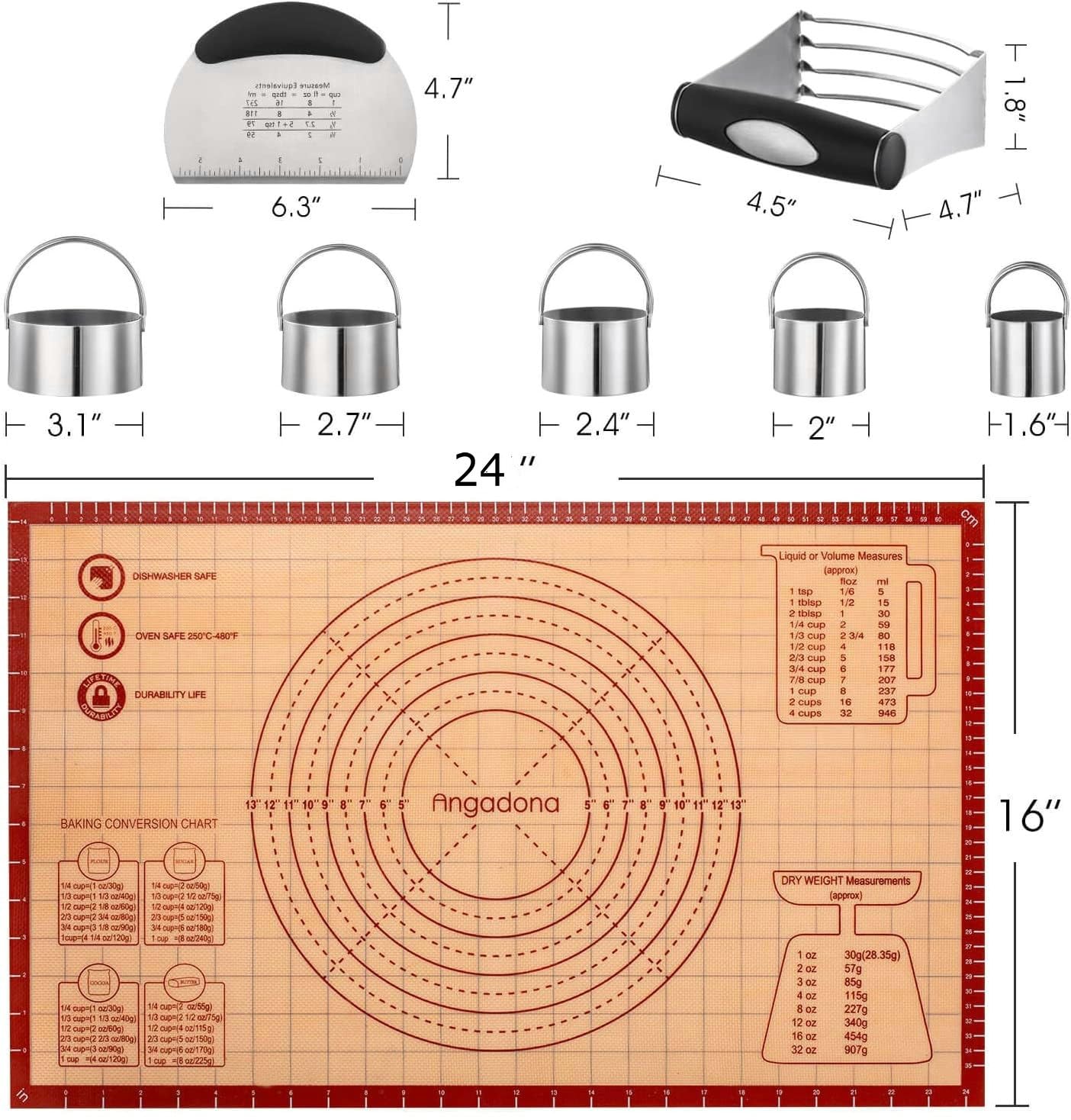 Biscuit Cutter,Pastry Cutter, Bench Scraper, Silicone Pastry Dough Baking Mat Set, Baking Tools and Accessories Kit