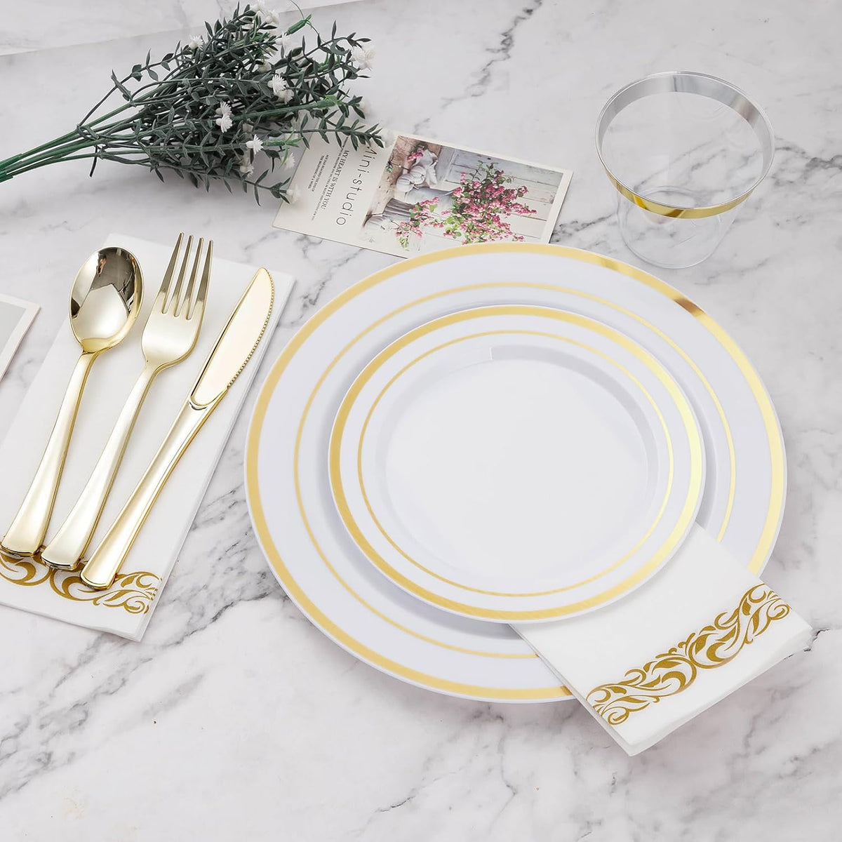 BESTVIP 175 PCS Gold Dinnerware Set for 25 Guests, Plastic Dinnerware Set for Party, Wedding, Christmas, Halloween, Include: 50 Plastic Plates, 25 Gold Silverware, 25 Cups, 25 Paper Napkins