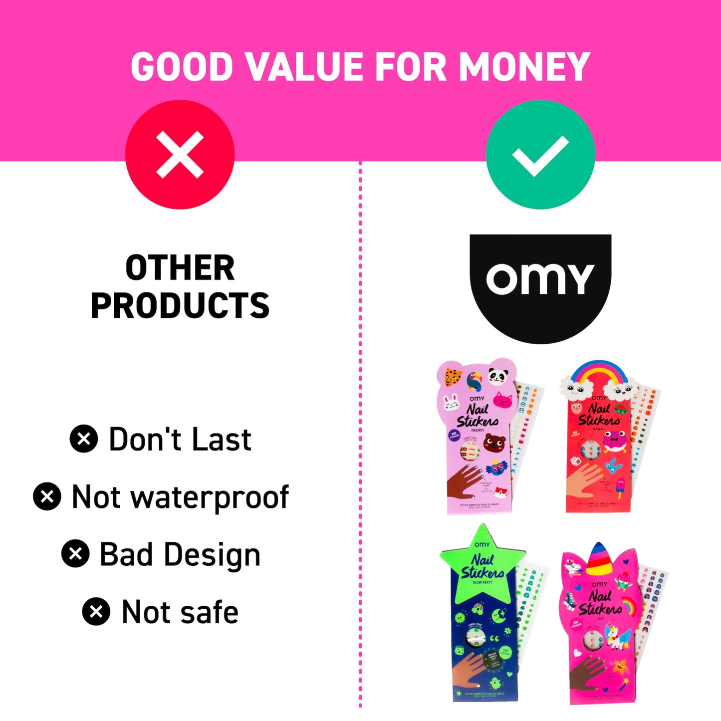 Omy Unicorn Nail Stickers for Kids - 200 Stickers, Waterproof, Durable, Fun, Creative Designs | Strong Enough to Last Through Hand Washing - Easy to Apply, Safe, Non-Toxic | Age 3 and Up