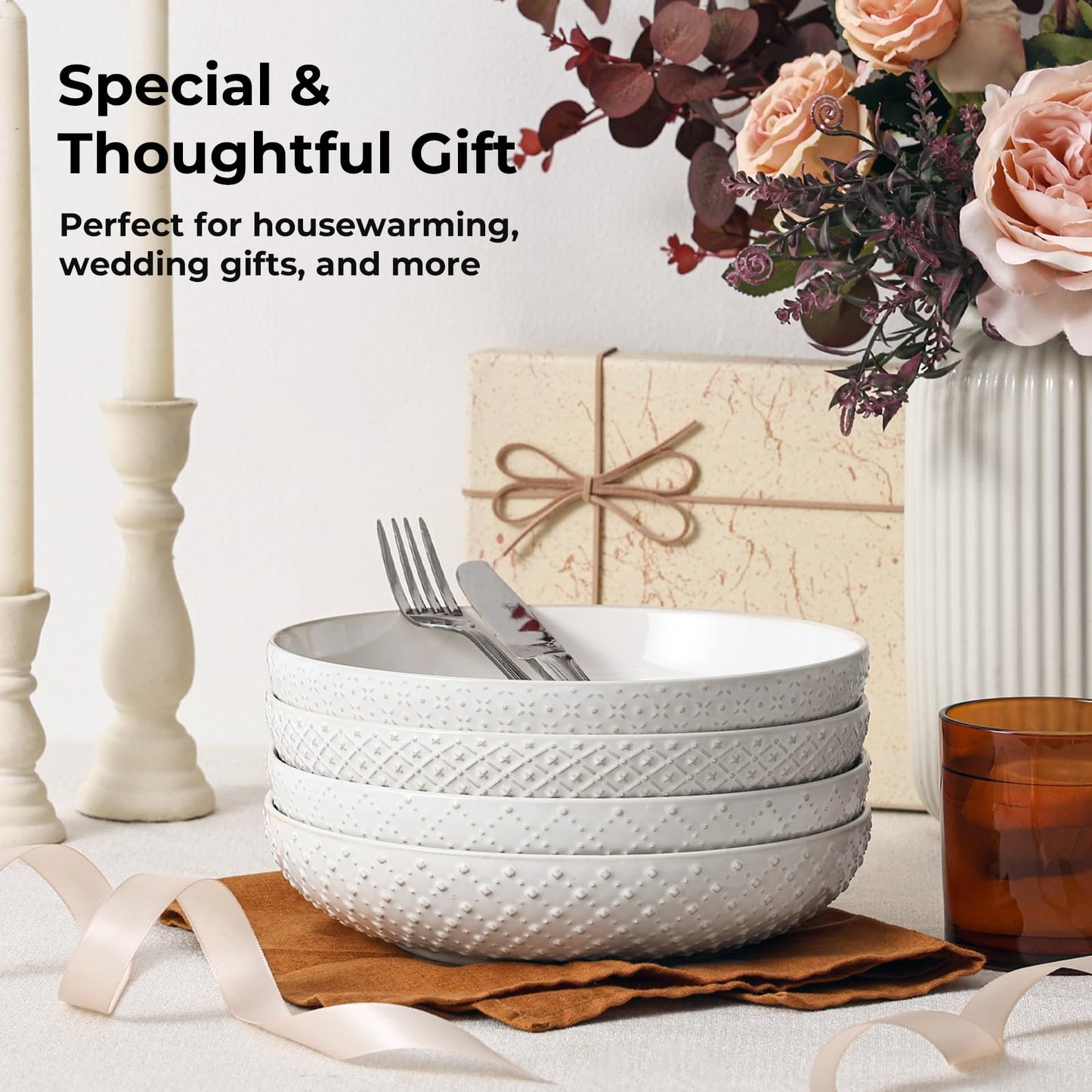 Y YHY 8.5" Pasta Bowls Set of 4, 30 oz Embossed Salad Bowls for Serving Soup, Noodle, Fruit, Dinner, Kitchen Deep Plates, Ceramic Dinnerware Sets, Soft White Dishes for Thanksgiving Day Gifts