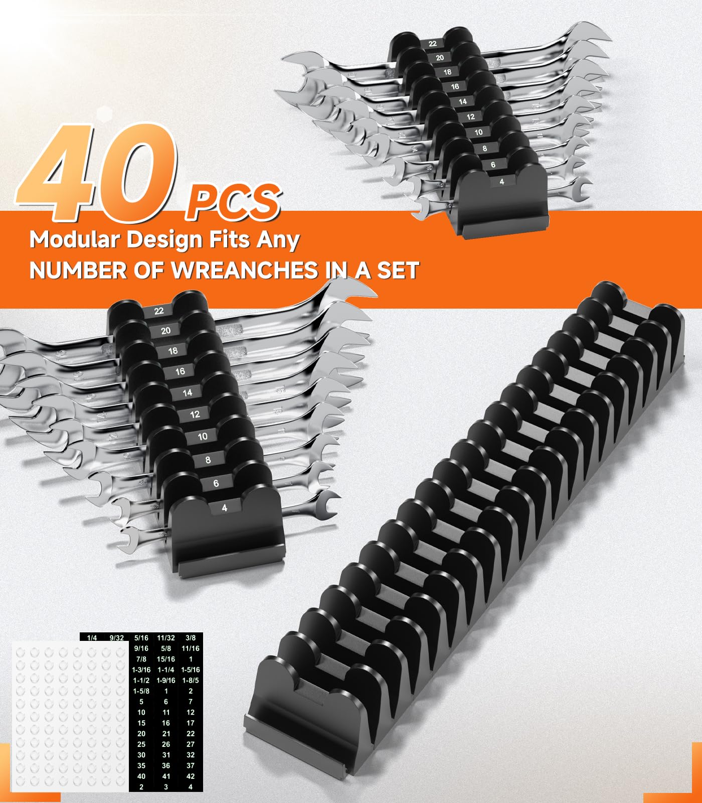 Luomeic 40PCS Modular Wrench Organizer Holder - Storage Set with Metric & SAE Florescent Label & Anti-Slip Mat, Wrench Rack for Tool Box Drawer, Tool Gift for Professional Mechanics Men