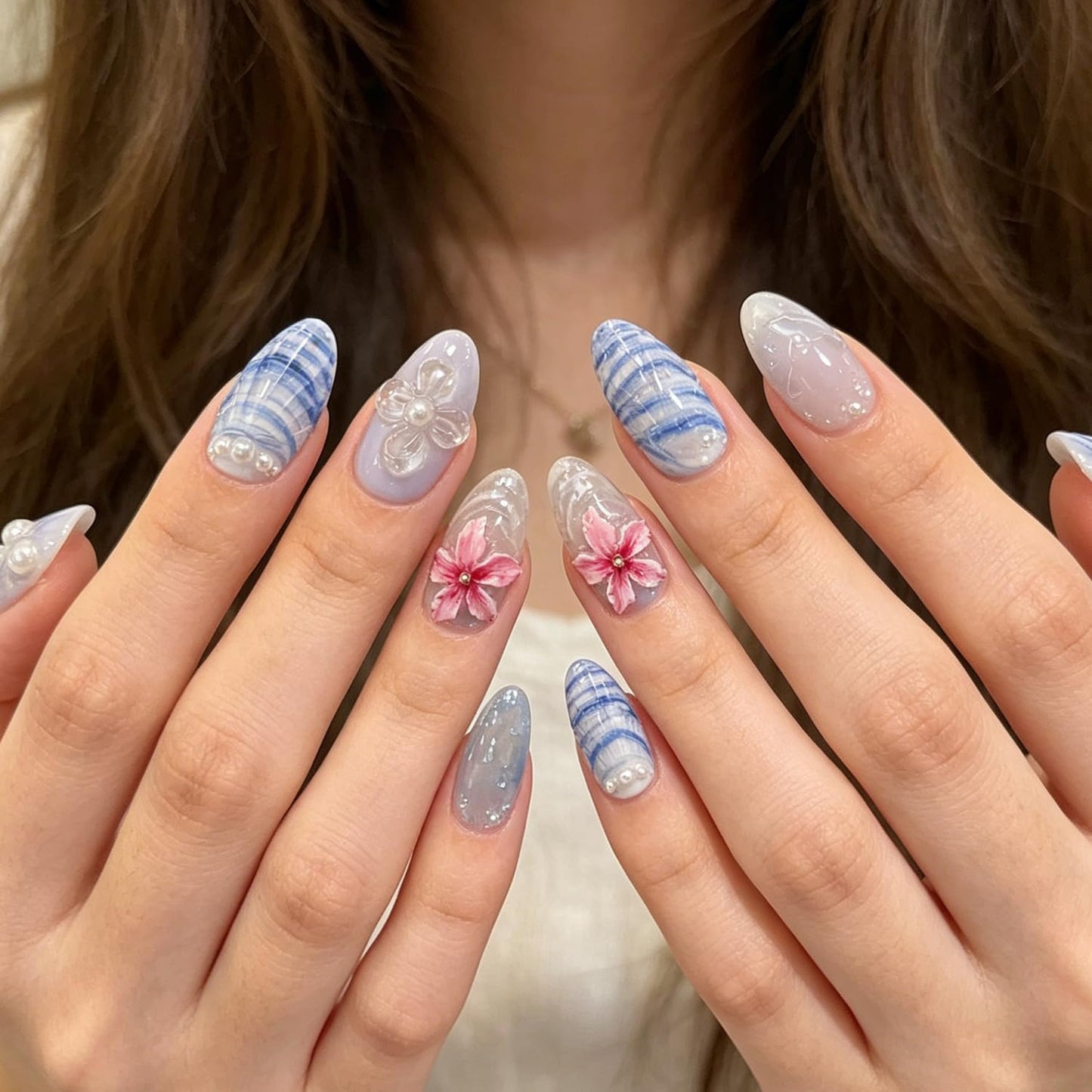 Blue Ocean Press on Nails, Medium Almond Handmade 3D Seashell Fake Nails with Pearl & Flower Designs, Reusable False Nails with Glue Tabs Stick on Nails for Summer Beach 30Pcs Nail Kit