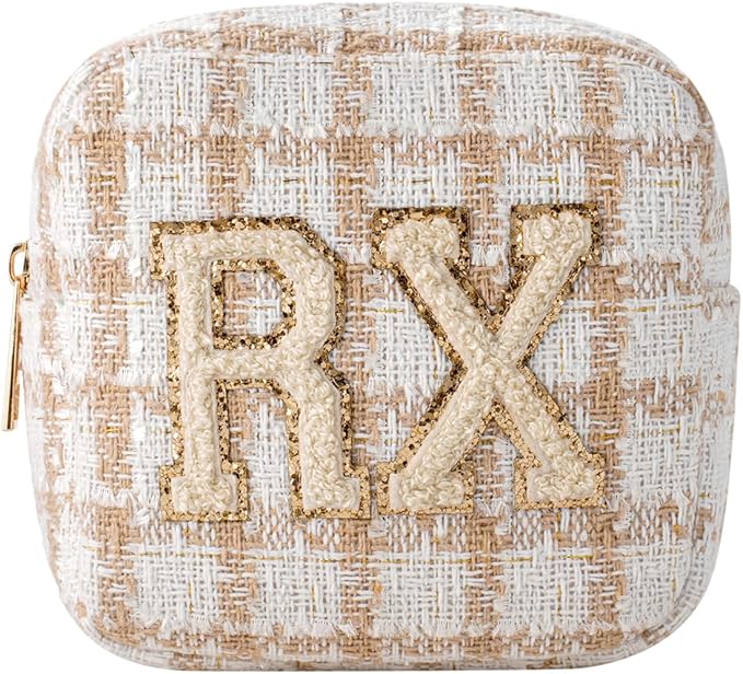 Small Medicine Bag for Travel, Personalized RX Chenille Letters Checkered Pouch for Women and Girls, Cute Meds Drug Makeup Bags with Zipper (01Beige Checkered)