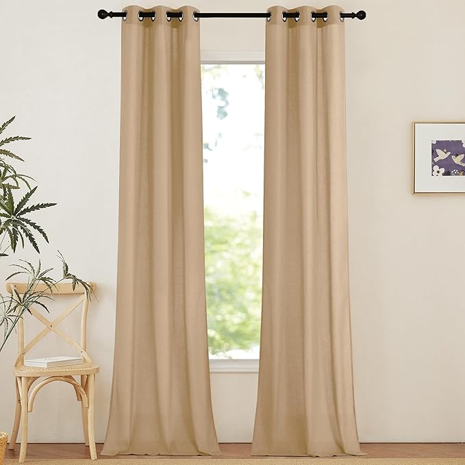 NICETOWN Linen Curtains 96 inches Long for Living Room, Grommet Semi Sheer Drapes Linen Weave Window Treatments Privacy Added with Light Filtering for Bedroom, Burlap, W34 x L96, 2 Panels