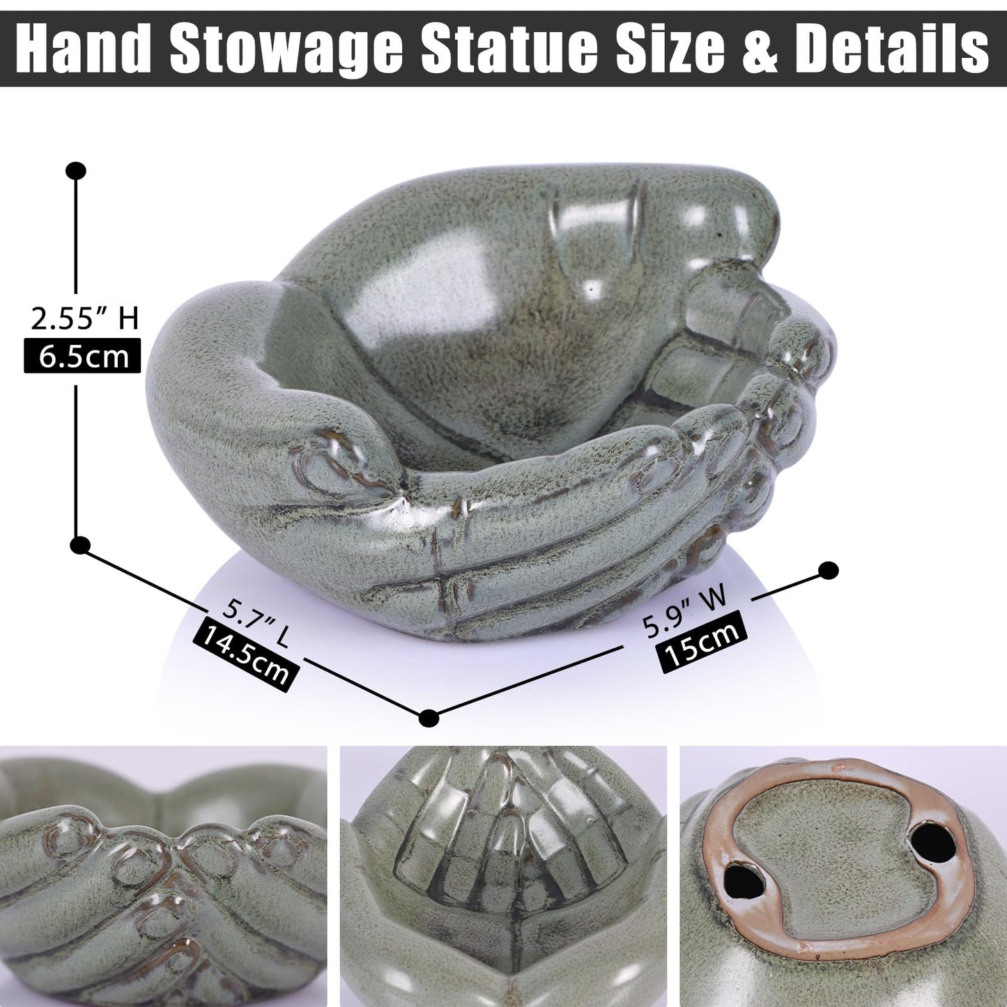 oliruim Ceramic Hands Bowl Dish Sculpture, Giving Hands Candy Holder for Succulent Planter, Crystal Rock Holder, Office, Keys Bowl for Entryway Table (Vintage Green)