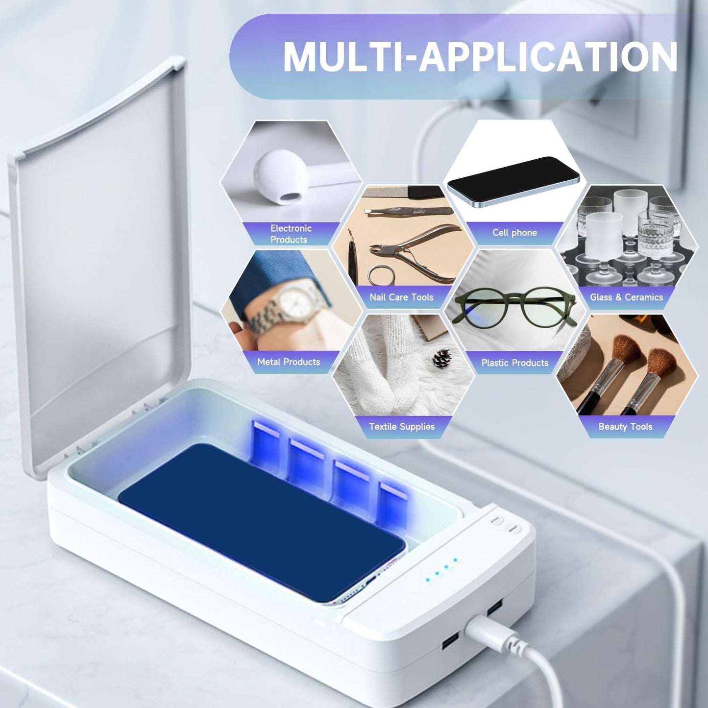 UV Light Nail Tool Cleaner Portable USB Cleaning Box 360° UV Cleaning Container Multi-function Aromatherapy Cleansing Box Manicure Tools Clean Machine for Nails Supplies Salon Phone Glasses White