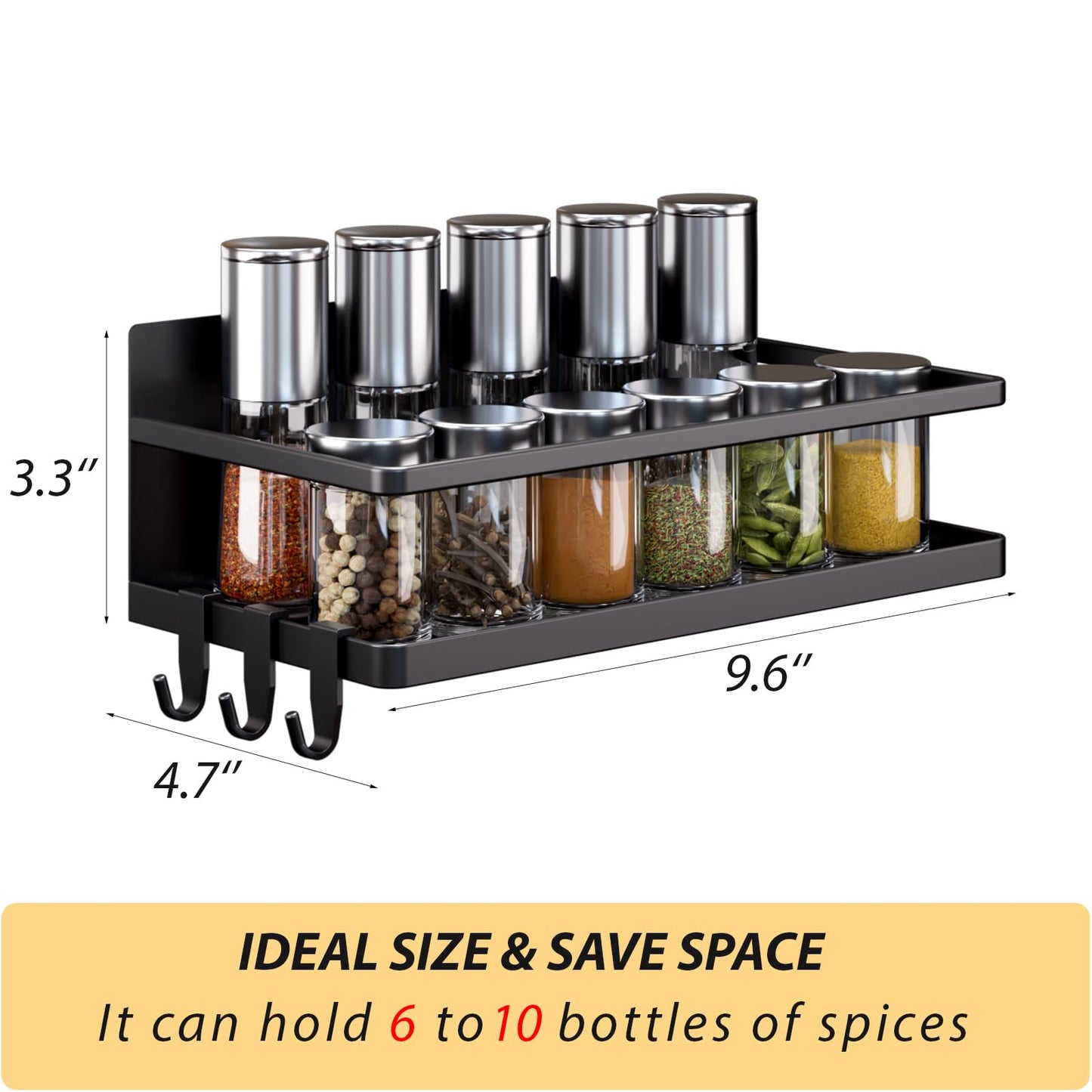 KMUZAWN Magnetic Spice Rack for Refrigerator, 2 Pack Magnetic Shelf, Fridge Magnet Organizer with Moveable 6 Hooks, Magnetic Fridge Shelf for Kitchen Organization and Storage(Black, 2 Pack)