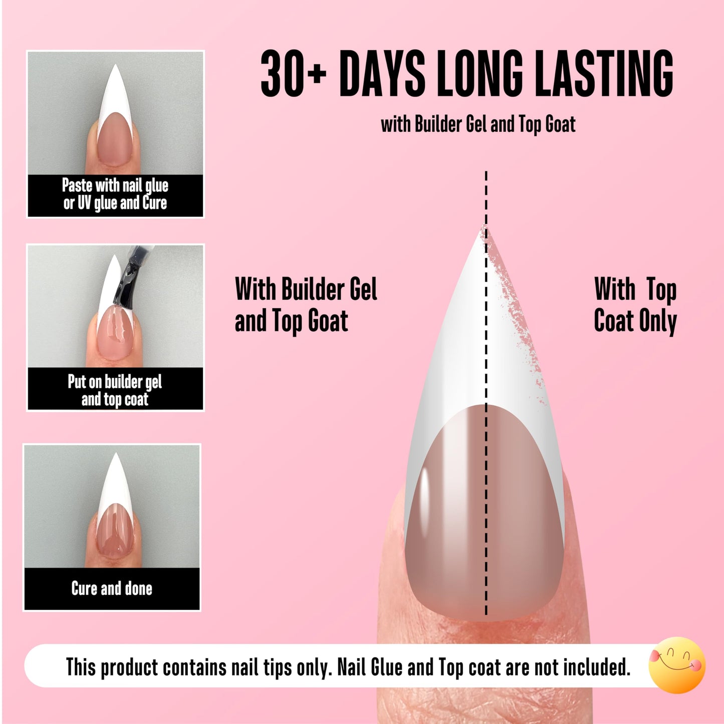NOVO OVO Medium Long Sharp Stiletto Nail Tips (White French Tip) - Brown Pink Nude Soft Gel Press Ons, Pre-Designed Full Cover Fake Nails for Instant Salon Manicure, 16 Sizes (160 Pcs)