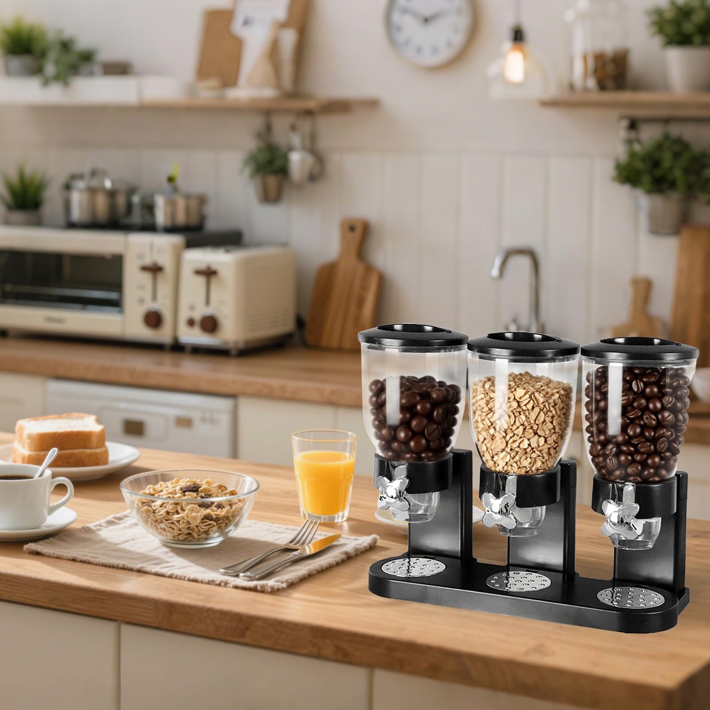 ENIPEDITA 1 Pcs Triple Indispensable Dry Food Dispenser with Cup Black Cereal Storage Container 67oz Each Capacity for Kitchen Rice Nuts Cereal Snack Gumball Candy Dog Food