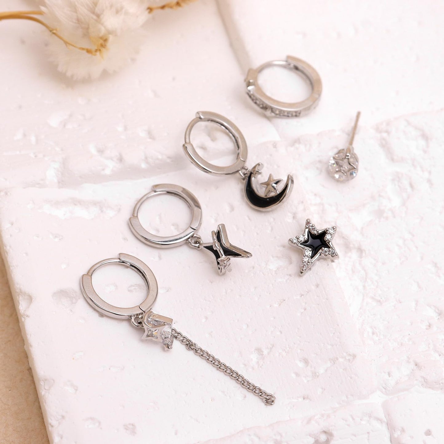 Frigotine 3PCS Silver Star Hoop Stud Earrings Stack Set for Women, Dainty Rhinestone Star Black Enamel Moon Planet Tassels Multiple Piercing Cartilage Prom Fashion Jewelry Gift