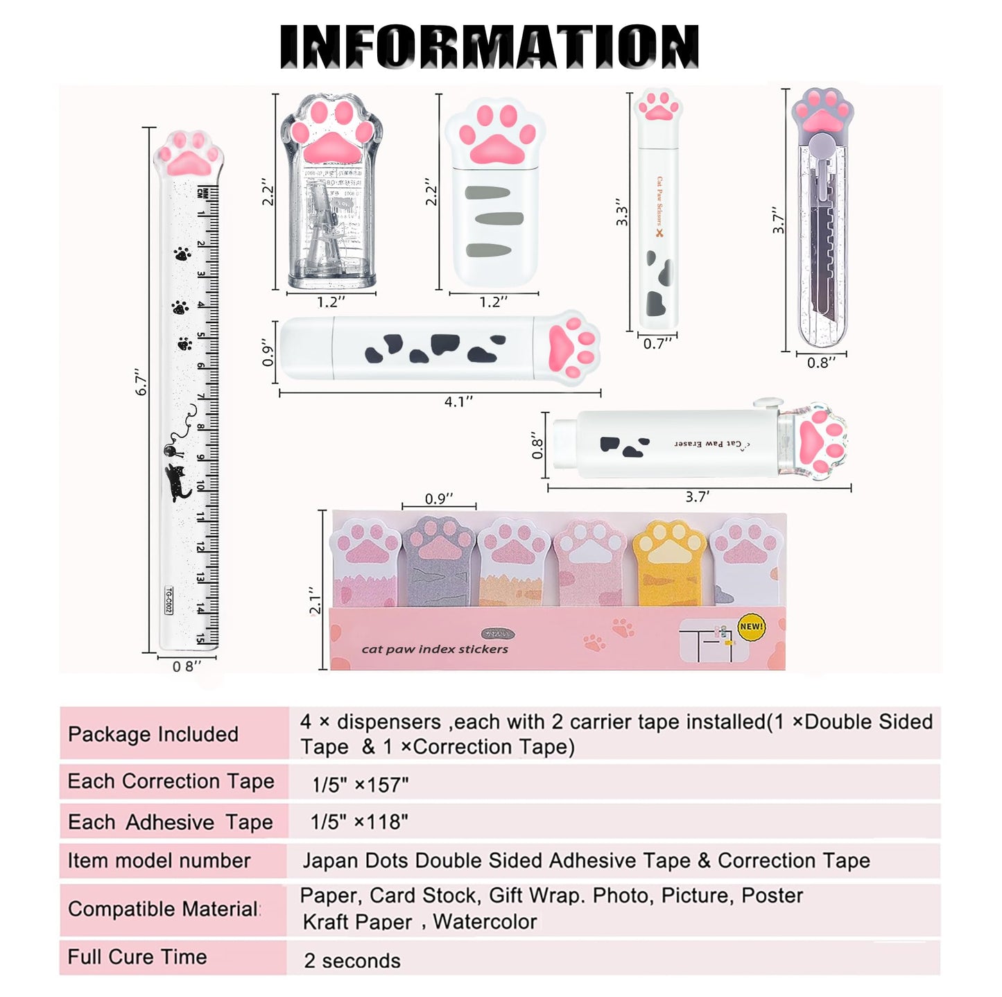 Cute School Supplies,Stationary Gift Set, Japanese Stationery Birthday GIFS, Includes Pencil Sharpener,Eraser, Correction Tape, Ruler, Mini Scissors,Utility Knife, for Office School Supplies (White)