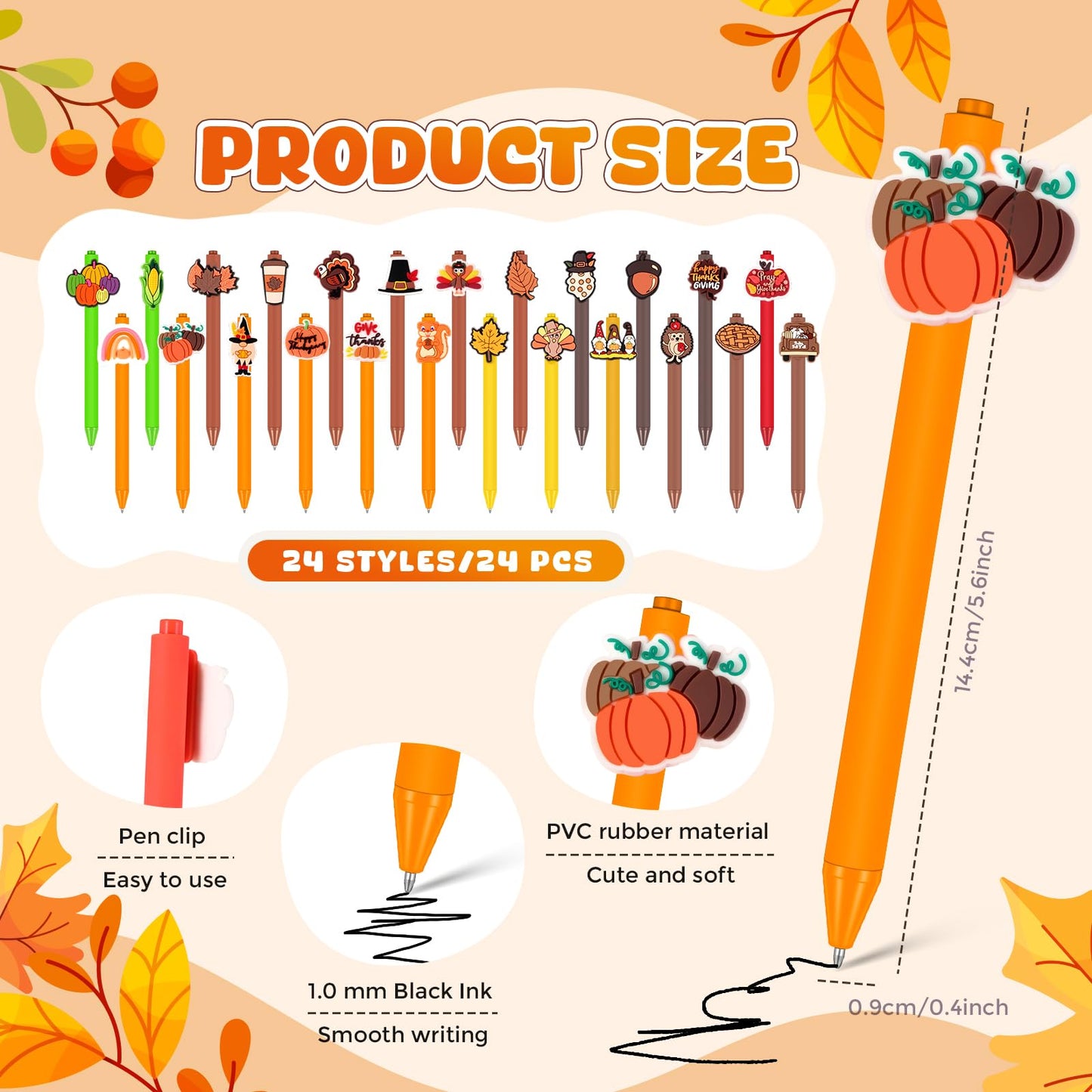 Engrowtic 24 Pcs Thanksgiving Day Gift Thanksgiving Cards with Pens Cute Cartoon Retractable Black Ink Pens Fall Greeting Card for Fall Party Favor Office School Supplies
