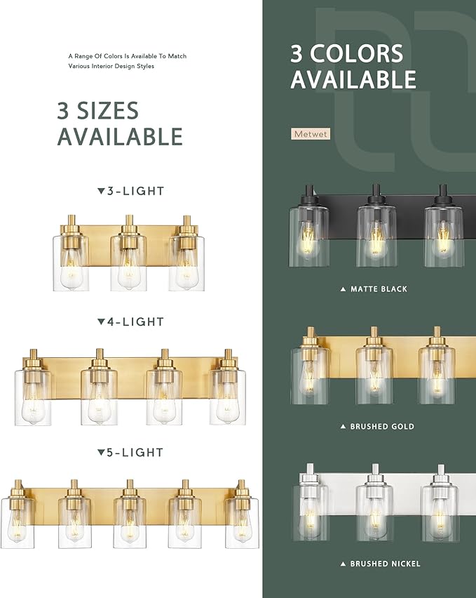 METWET 3-Light Bathroom Light Fixtures, Brushed Gold Vanity Light with Cylinder Clear Glass Shade, Modern Vanity Lighting Fixtures Over Mirror, VL143-BG-3