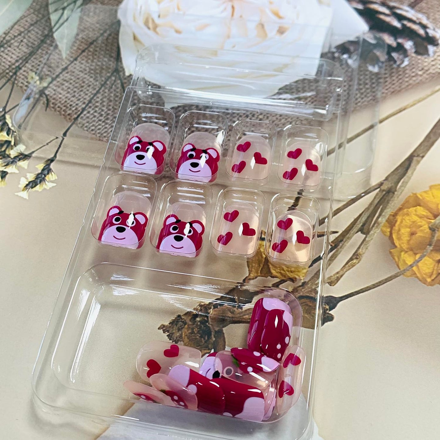 EYZOTSF Press on Nails Short Length Acrylic Glossy Full Cover Cute False Nails with Pink Bear Designs Artificial Extra Short Square Shaped Fake Nails Glue ons Fingernails for Women Girls