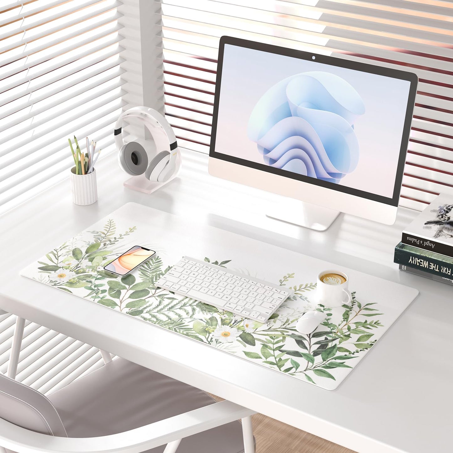 Colorful Star Large Mouse Pad, Green Leaves Waterproof Office Desk Mat, Non-Slip Computer Gaming Mouse Pad, XXL PC Laptop Protector Pads, PU Leather Desk Writing Pads for Office Home, 31.5" x 15.7"