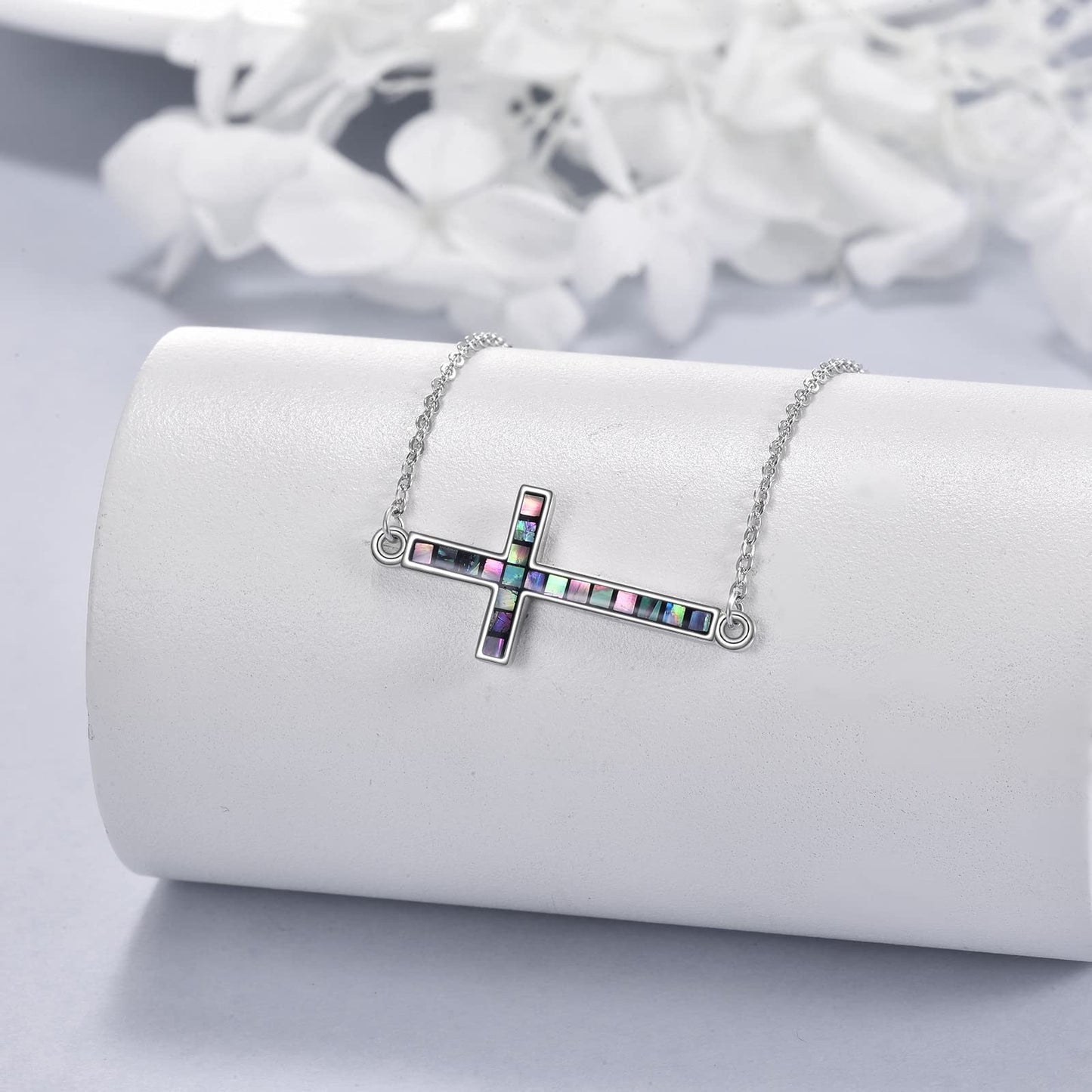YFN Sideways Cross Necklace Sterling Silver Abalone Shell Cross Pendant Jewelry Gifts for Women Men