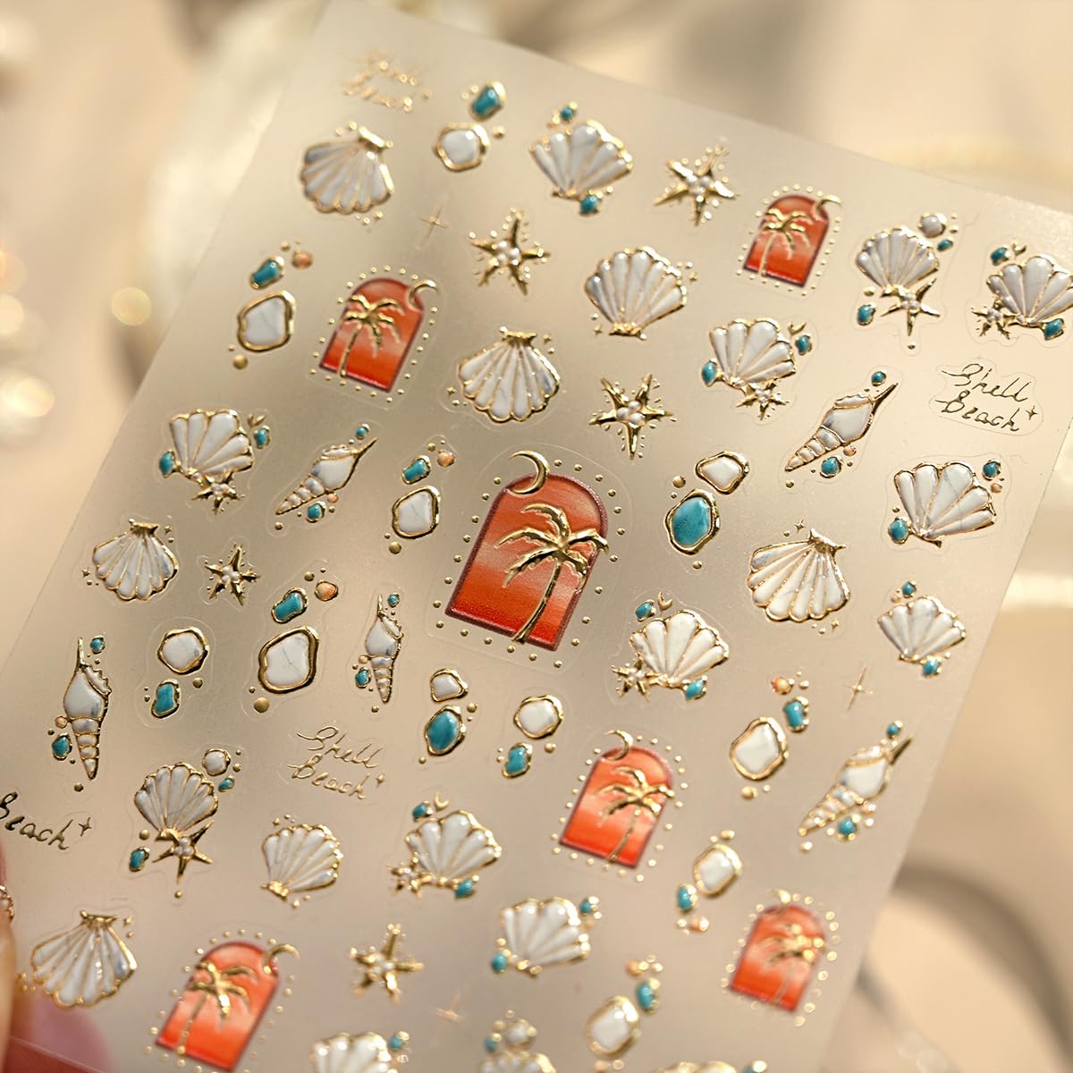 Summer Beach Nail Stickers - 5D Embossed Shell, Starfish & Palm Tree Design, Self-Adhesive Nail Art Decals for Women, DIY Manicure Supplies 1 Sheet