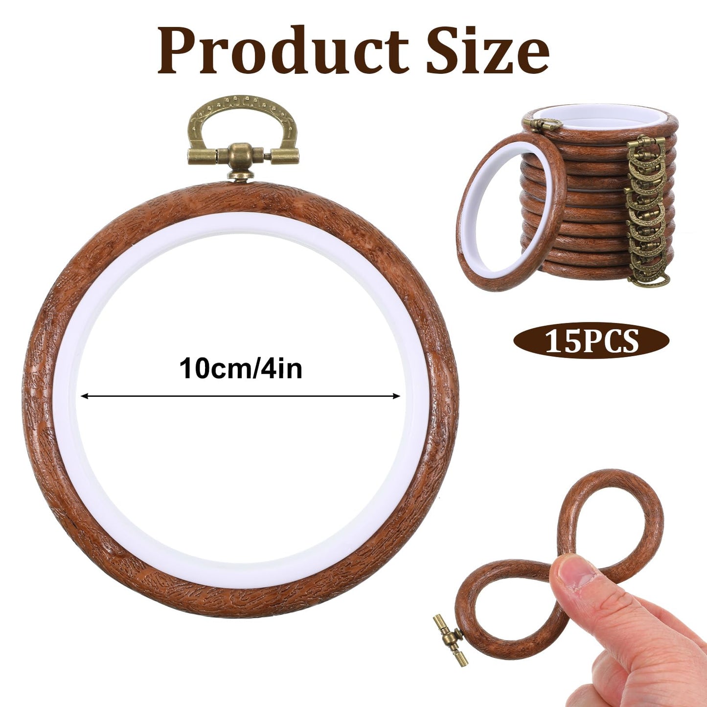 AOZUO 15 Pcs 4 Inch Embroidery Hoops Set, Round Imitated Wood Cross Stitch Hoop Rings Circle Display Frame Kits for Art Craft Sewing Embroidery Handy DIY Ornaments Christmas Decoration