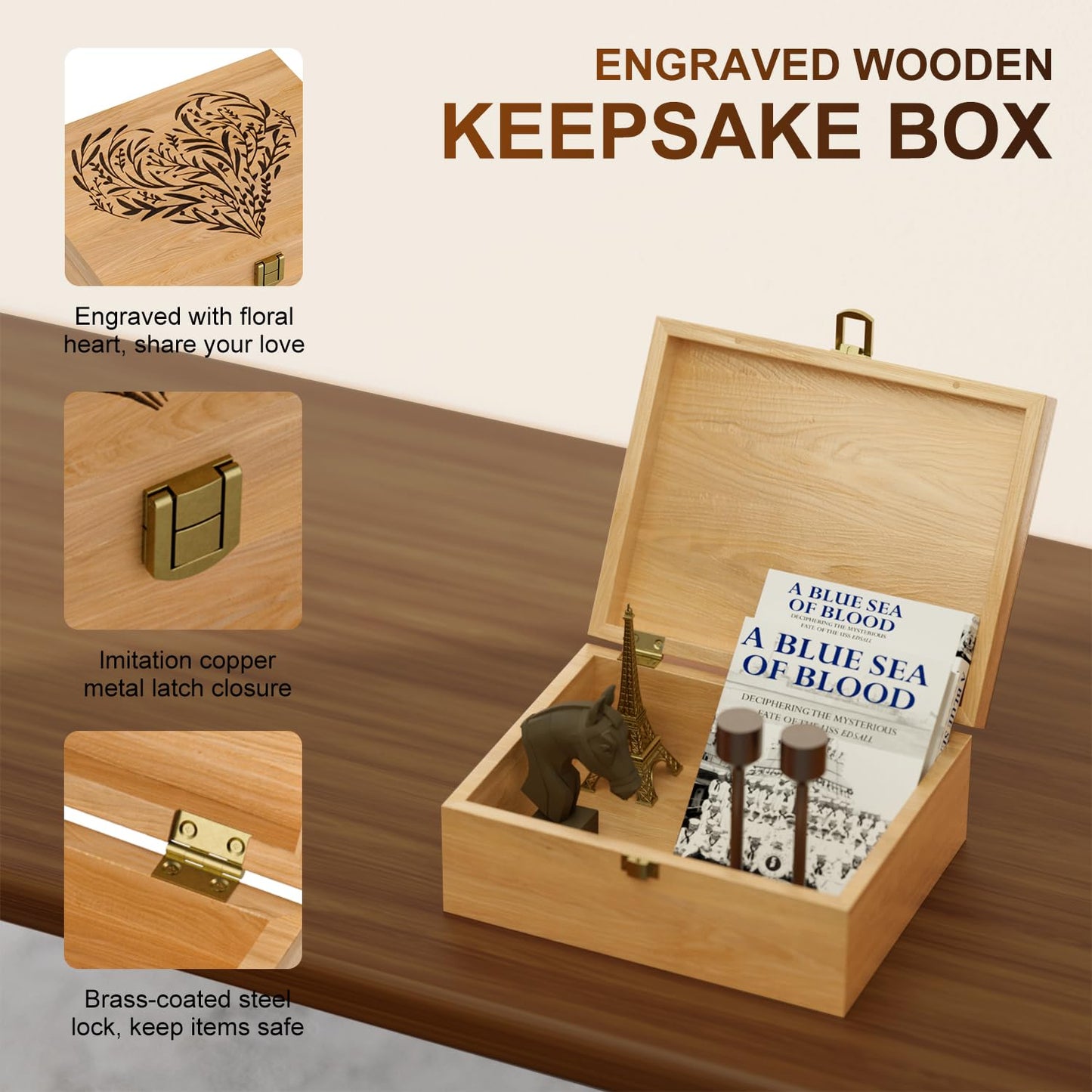 EDUROMI Memory Keepsake Wooden Box, Floral Heart Engraved Keepsake Boxes with Lids, Memory Box for Keepsakes for Anniversary, Wedding, Memory, Birthday, Valentines Day, Wood Box for Office or Home